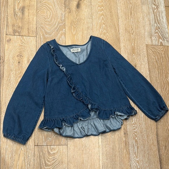Madewell Denim Ruffle V Neck Top - Picture 3 of 9